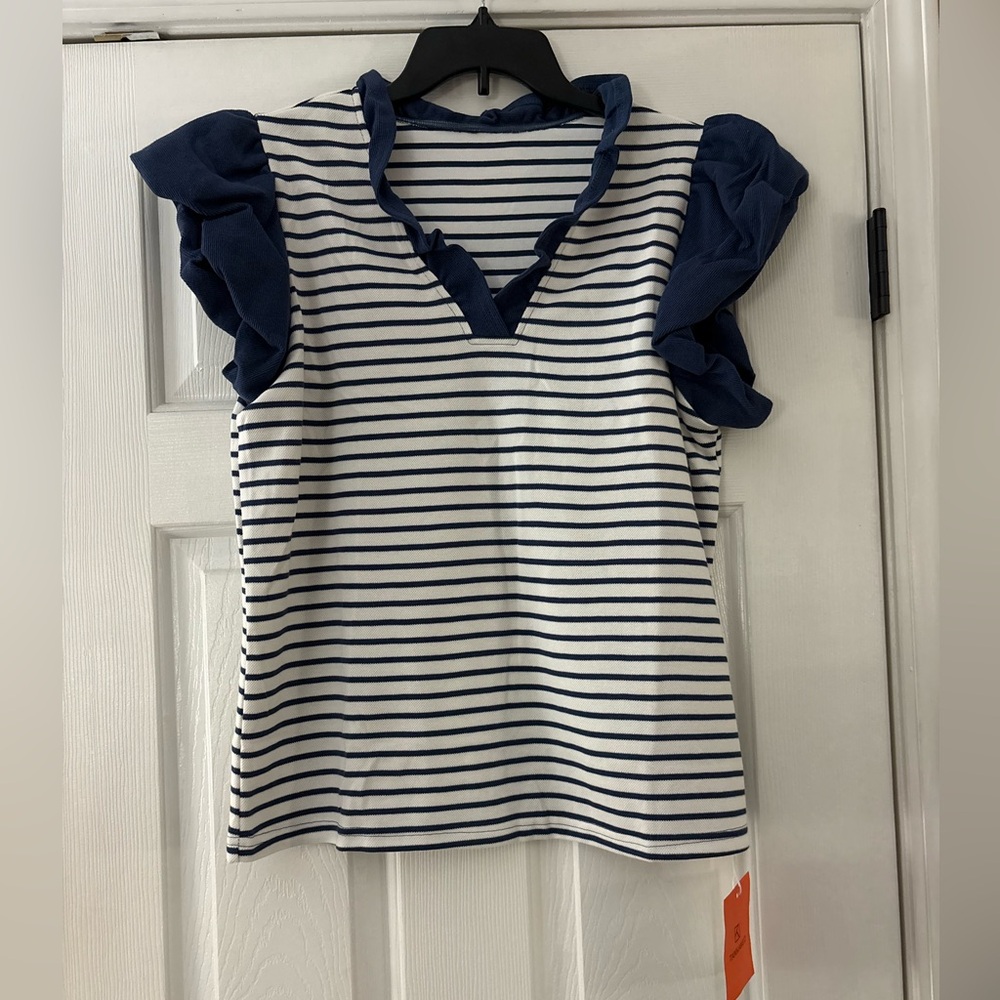 TANKANEO Navy and White Striped top size L